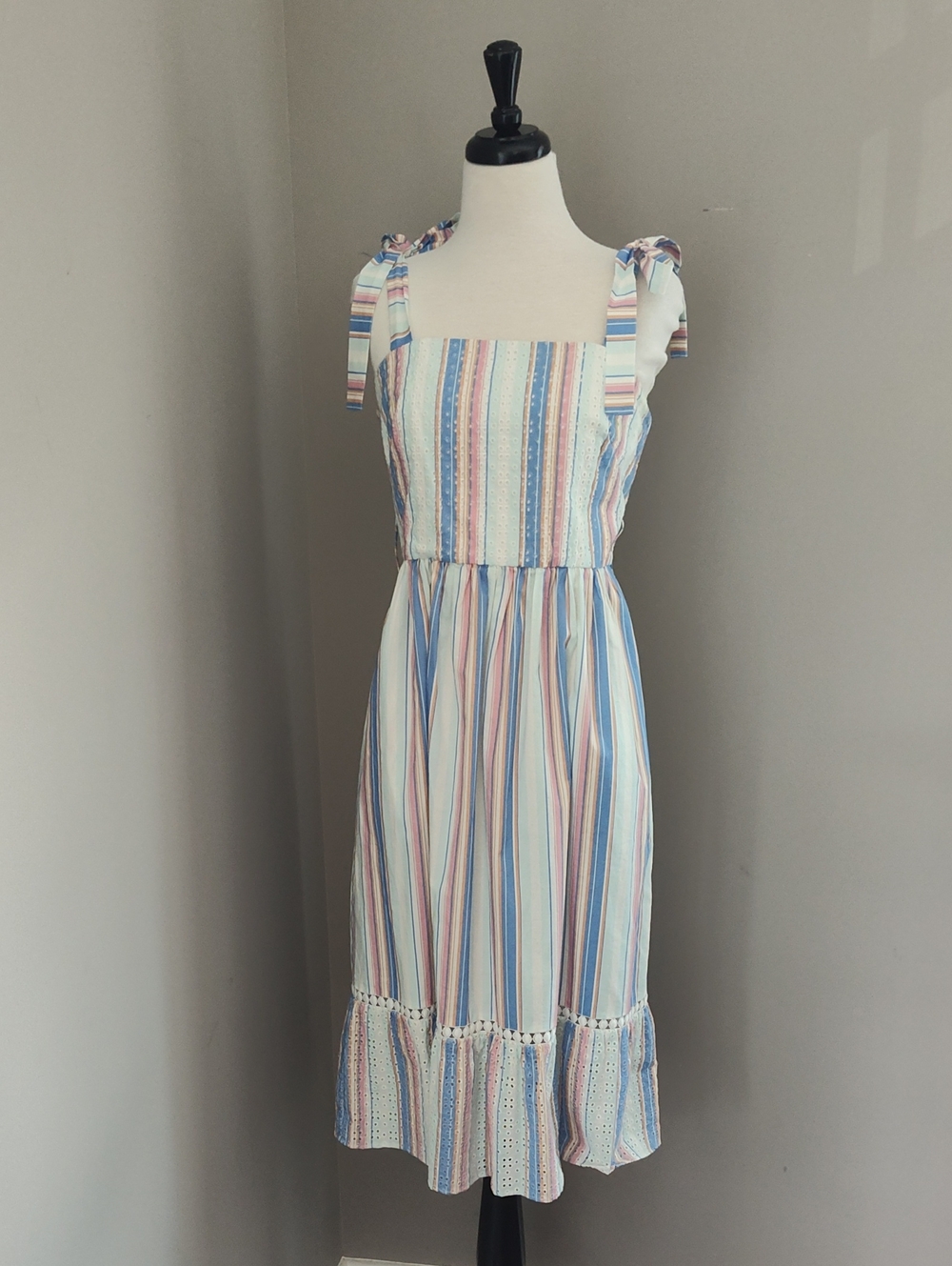 Beautiful Pastel Stripe Tie-Shoulder Midi Dress in Blue, Pink, Cream